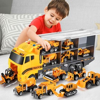 TEMI Toddler Toys for 3 4 5 6 Years Old Boys - A Complete Die-cast Construction Car Carrier Vehicle Toy Set with Play Mat